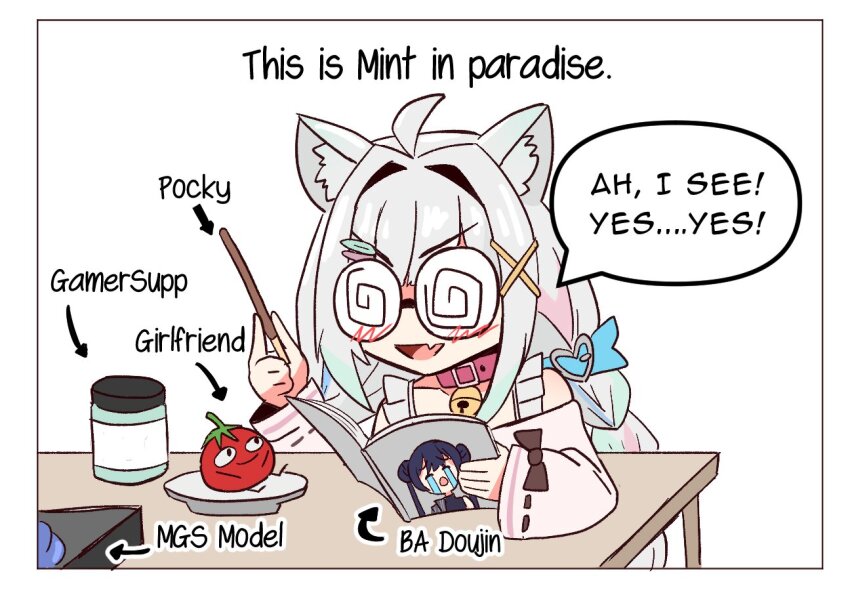1girl, alin_laphel, animal_ears, aqua_hair, arrow_(symbol), blue_archive, blush, braid, cat_ears, coke-bottle_glasses, collar, dokibird, dokibird_(tomato), english_text, fang, food, gamer_supps, glasses, gradient_hair, grey_hair, hair_ornament, hairclip, implied_pornography, indie_virtual_youtuber, kemonomimi_mode, meme, mint_fantome, mint_fantome_(otaku), multicolored_hair, open_mouth, pocky, simple_background, sitting, skin_fang, smile, solo, table, twin_braids, uohhhhhhhhh!_(meme), upper_body, virtual_youtuber, white_background