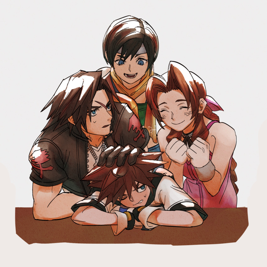 2boys, 2girls, aerith_gainsborough, annoyed, black_gloves, black_hair, black_jacket, blue_eyes, braid, brown_hair, commentary_request, final_fantasy, final_fantasy_vii, final_fantasy_viii, forehead_protector, gloves, grey_headband, hand_on_another's_head, headband, jacket, kingdom_hearts, kingdom_hearts_i, multiple_boys, multiple_girls, one_eye_closed, sashimi_umasugi, scarf, short-sleeved_jacket, short_sleeves, sora_(kingdom_hearts), spiked_hair, squall_leonhart, sweatdrop, wristband, yellow_scarf, yuffie_kisaragi