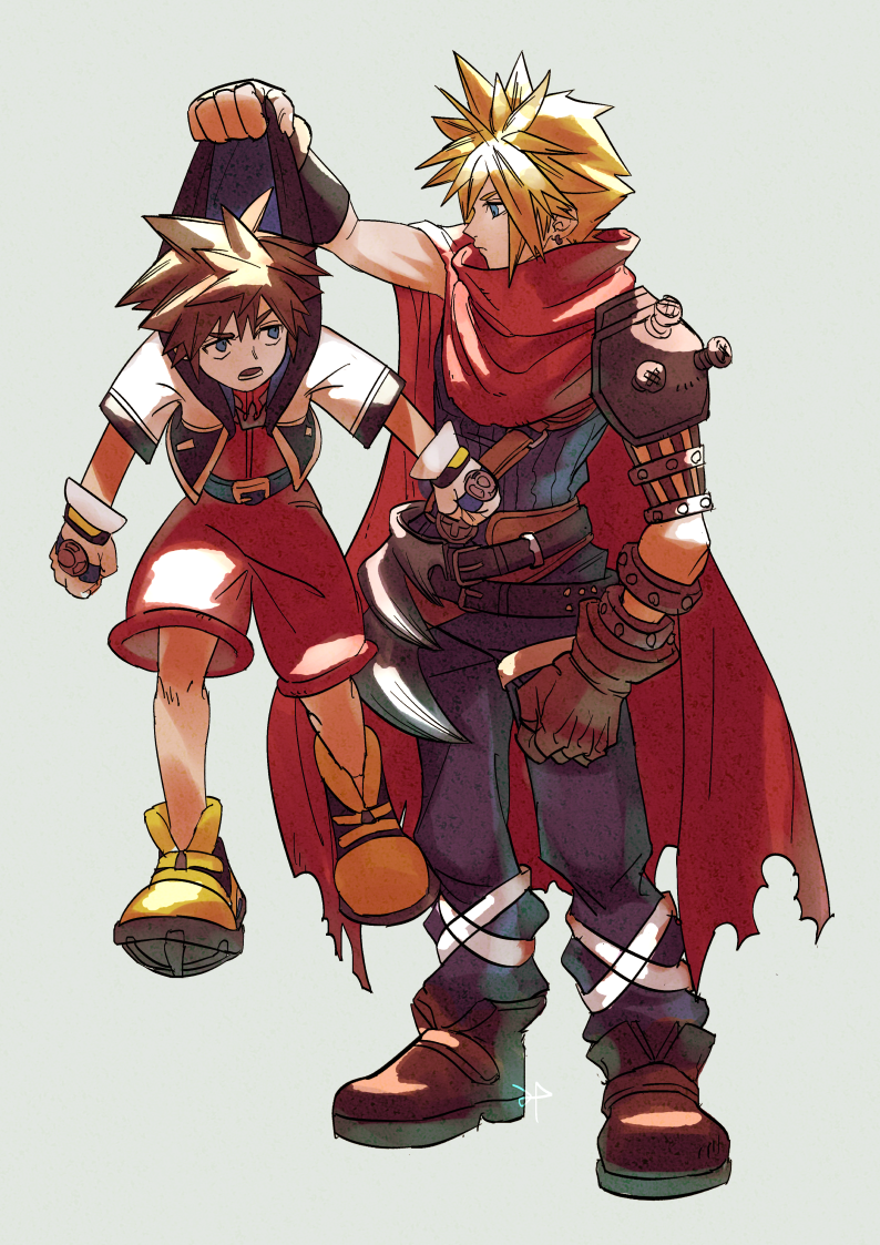 2boys, asymmetrical_gloves, blonde_hair, blue_eyes, boots, brown_boots, brown_gloves, brown_hair