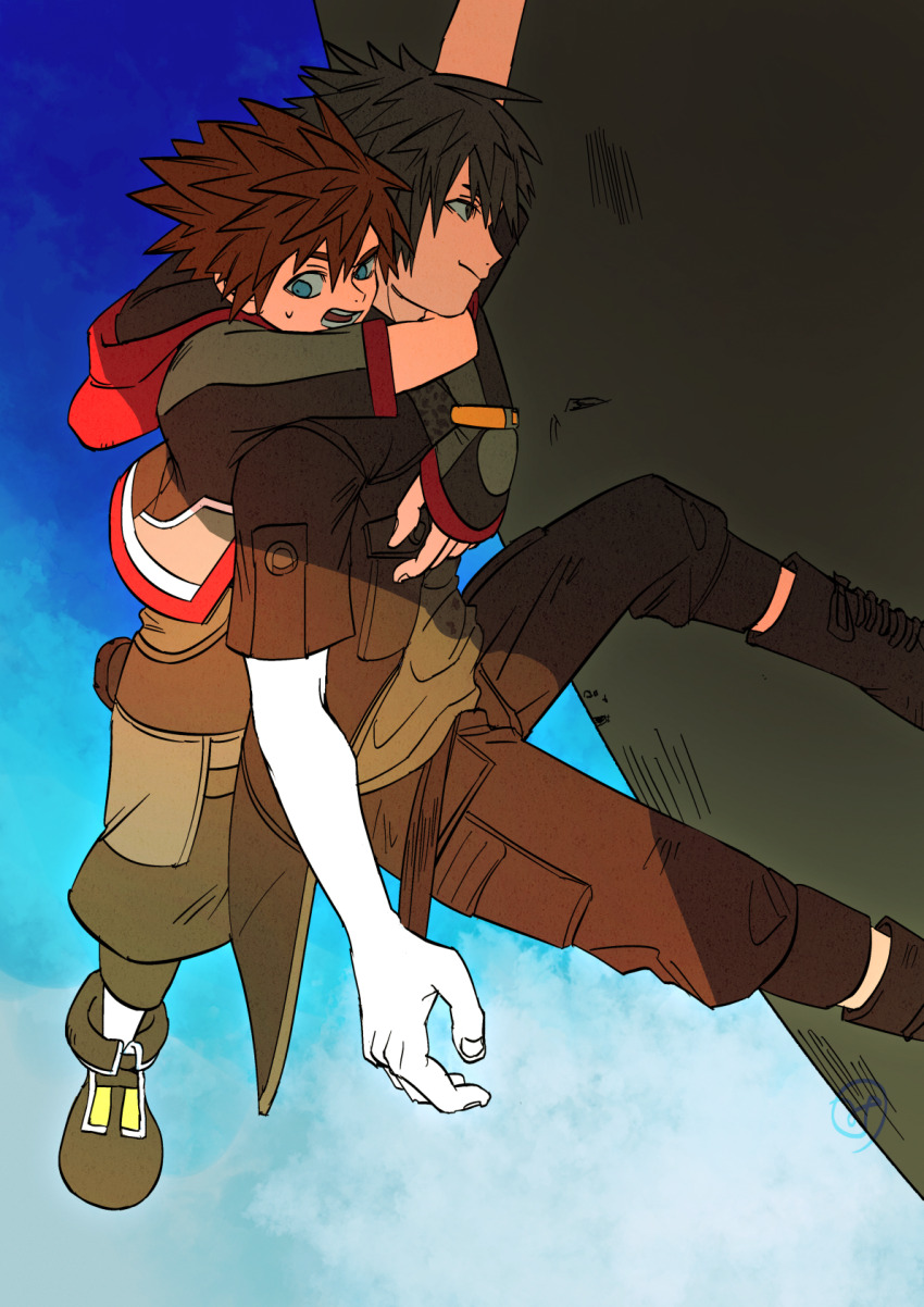 black_hair, black_jacket, black_pants, black_shoes, blue_eyes, brown_hair, cargo_pants, climbing