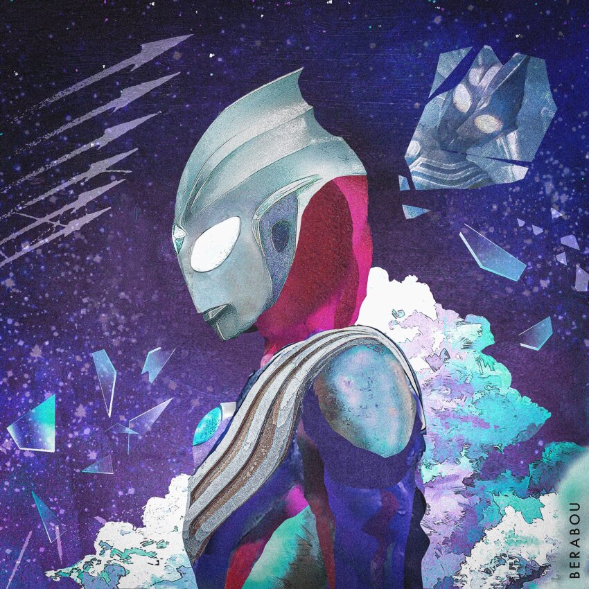 1boy, alien, armor, arrow_(symbol), artist_name, black_skin, breastplate, cloud