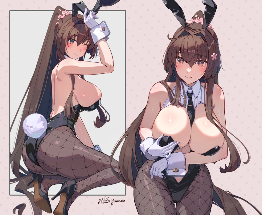 1girl, ade_(agent_bunny)_(nikke), ade_(nikke), ade_(nikke)_(cosplay), alternate_costume, animal_ear_hairband, animal_ears, arm_under_breasts, arm_up, ass, bare_shoulders, between_breasts, black_leotard, black_necktie, black_pantyhose, black_shoes, blush, breasts, brown_eyes, brown_hair, cherry_blossoms, clothing_cutout, cosplay, detached_collar, fake_animal_ears, fake_tail, fishnet_pantyhose, fishnets, flower, from_behind, gloves, goddess_of_victory:_nikke, hair_between_eyes, hair_flower, hair_intakes, hair_ornament, hairband, heart, high_heels, highleg, highleg_leotard, highres, himeyamato, kantai_collection, large_breasts, leotard, long_hair, looking_at_viewer, navel_cutout, necktie, necktie_between_breasts, one_eye_closed, pantyhose, playboy_bunny, ponytail, rabbit_ear_hairband, rabbit_ears, rabbit_tail, red_eyes, sakuramon, shoes, shrug_(clothing), sidelocks, signature, smile, strapless, strapless_leotard, tail, very_long_hair, white_gloves, white_wrist_cuffs, wrist_cuffs, yamato_(kancolle)