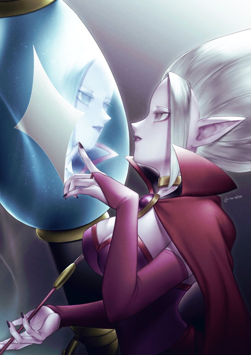 breasts, bridal_gauntlets, cape, cleavage, colored_skin, dr._arinsu, dragon_ball, dragon_ball_daima, dress, elbow_gloves, fingerless_gloves, gloves, gold_choker, grey_eyes, grey_hair, highres, large_breasts, looking_at_reflection, nail_polish, owo8090, pink_skin, pointy_ears, purple_dress, purple_gloves, purple_lips, purple_nails, red_cape, reflection, signature, twitter_username, upper_body