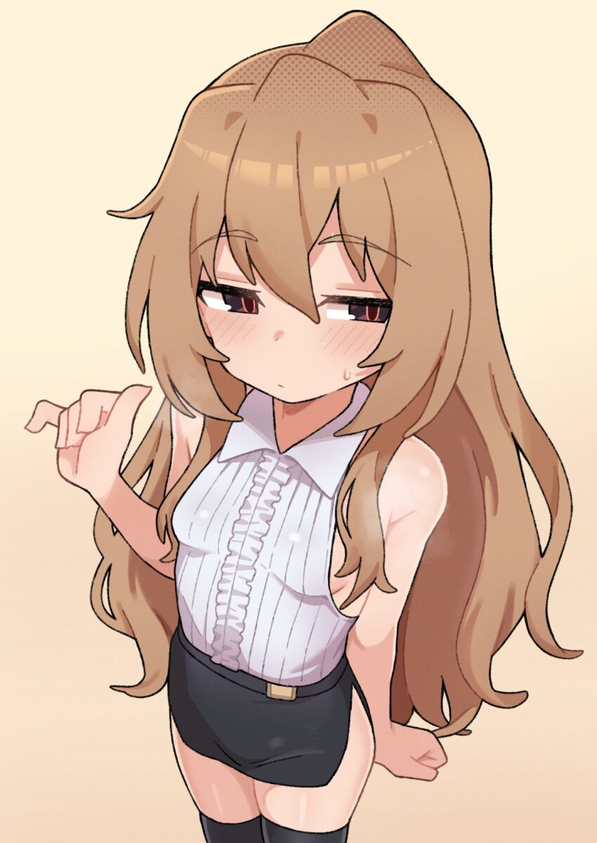 1girl, aisaka_taiga, alternate_costume, bare_shoulders, belt, black_skirt, black_thighhighs, blush, breasts, brown_eyes, brown_hair, center_frills, closed_mouth, collared_shirt, cosplay, frilled_shirt, frills, from_above, hair_between_eyes, hand_up, highres, hina_(blue_archive)_(cosplay), koonowen, loli, long_hair, looking_at_viewer, miniskirt, pencil_skirt, shirt, side_slit, simple_background, skirt, sleeveless, sleeveless_shirt, small_breasts, solo, standing, sweatdrop, thighhighs, toradora!, very_long_hair, white_shirt, zettai_ryouiki