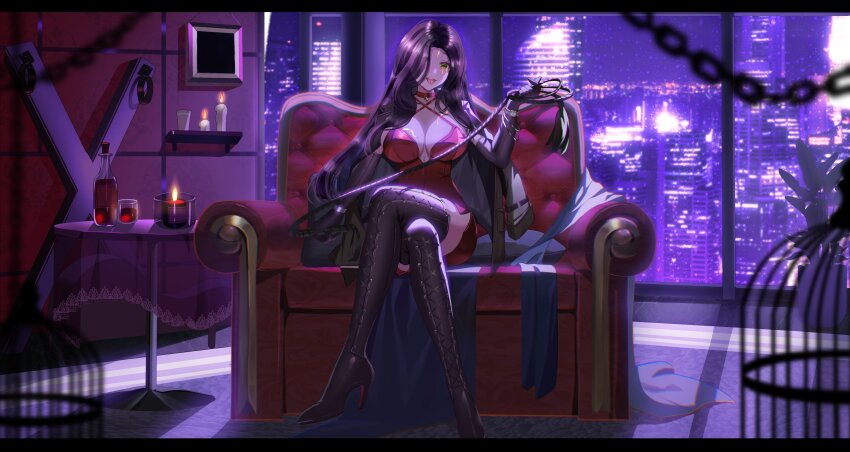 1girl, absurdres, birdcage, black_boots, black_gloves, black_hair, black_jacket, boots, bottle, breasts, cage, candle, chain, cityscape, crossed_legs, dress, elbow_gloves, gloves, hair_over_one_eye, high_heel_boots, high_heels, highres, holding, holding_whip, indie_virtual_youtuber, jacket, jacket_on_shoulders, long_hair, open_mouth, piercing, ponponpabi_18, red_dress, second-party_source, sitting, solo, thigh_boots, tongue_piercing, vexoria_the_sun_eater, virtual_youtuber, yellow_eyes
