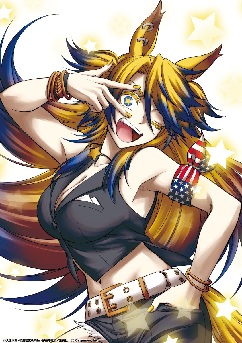1girl, ;d, absurdres, animal_ears, armband, bare_shoulders, belt, black_shirt, blonde_hair, blue_eyes, blue_hair, bracelet, breasts, cleavage, colored_eyelashes, commentary_request, crop_top, flag_armband, from_side, gradient_hair, hand_in_pocket, highres, horse_ears, horse_girl, jewelry, kuzumi_taiyou, long_hair, looking_at_viewer, midriff, multicolored_hair, navel, necklace, obey_your_master_(umamusume), official_art, one_eye_closed, open_mouth, shirt, sleeveless, sleeveless_shirt, smile, solo, star-shaped_pupils, star_(symbol), star_necklace, symbol-shaped_pupils, two-tone_hair, umamusume, umamusume:_cinderella_gray, v, white_belt, yellow_nails, yellow_pupils