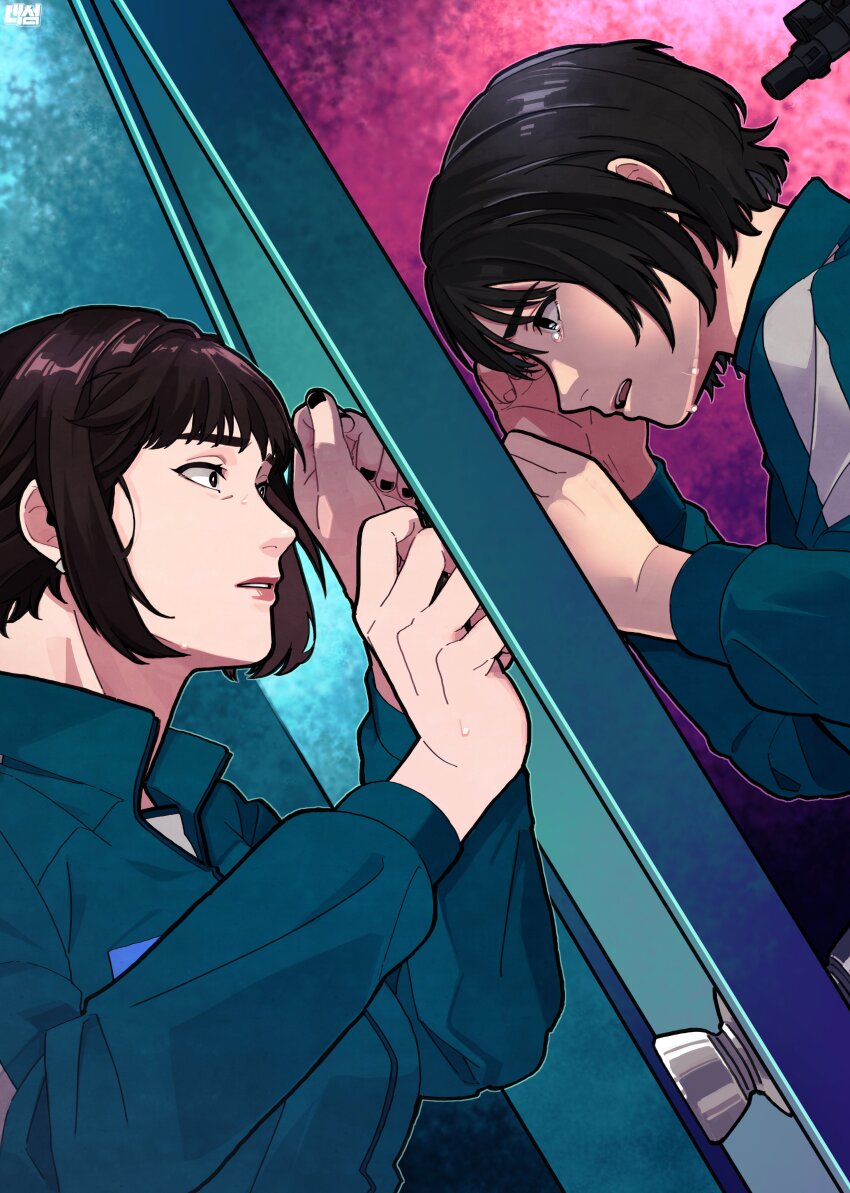 2girls, absurdres, against_door, black_eyes, black_hair, black_nails, blue_background, blue_jacket