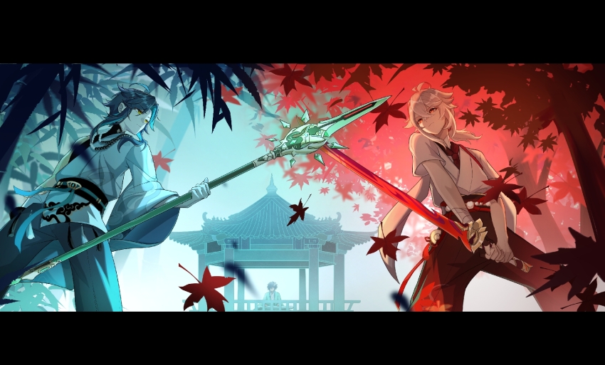 2boys, aqua_hair, arm_tattoo, beads, black_hair, black_pants, closed_mouth, fishinthetea