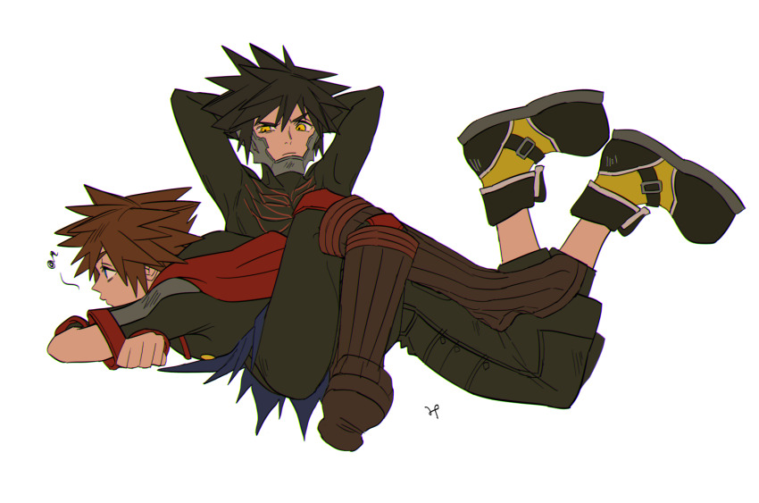 2boys, arms_behind_head, black_hair, black_pants, black_shoes, brown_hair, commentary_request, crossed_legs