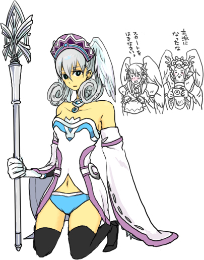 bad_id, bad_pixiv_id, bare_shoulders, black_eyes, black_legwear, blue_panties, full_body, head_wings, kallian_antiqua, kneeling, maruo_(ciao15), melia_antiqua, navel, nintendo, panties, silver_hair, simple_background, sorean_antiqua, staff, thighhighs, thighs, underwear, weapon, white_background, wings, xenoblade_chronicles_(series), xenoblade_chronicles_1