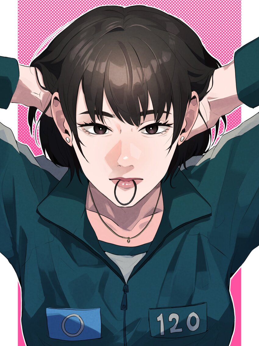 1girl, absurdres, adjusting_hair, aegyo_sal, blue_jacket, breasts, bright_pupils, brown_eyes