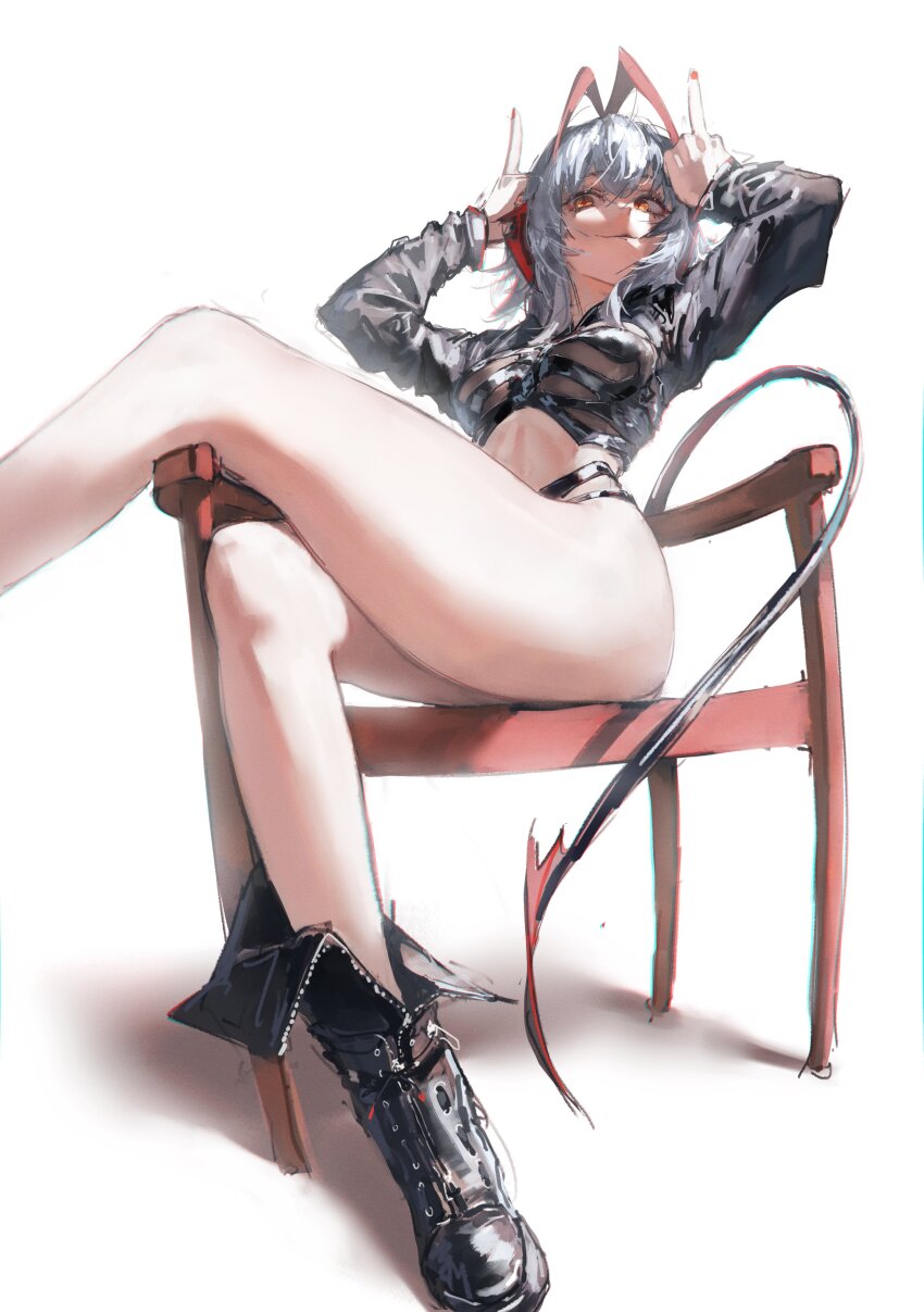 1girl, absurdres, antenna_hair, arknights, arms_up, black_boots, black_panties, black_shrug