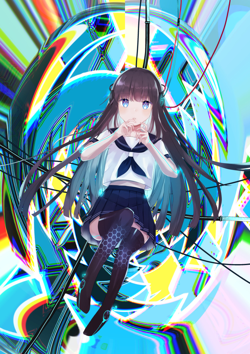 1girl, abstract_background, absurdres, ai_(shining_nikki), artificial_intelligence, bare_arms, black_neckerchief, black_sailor_collar