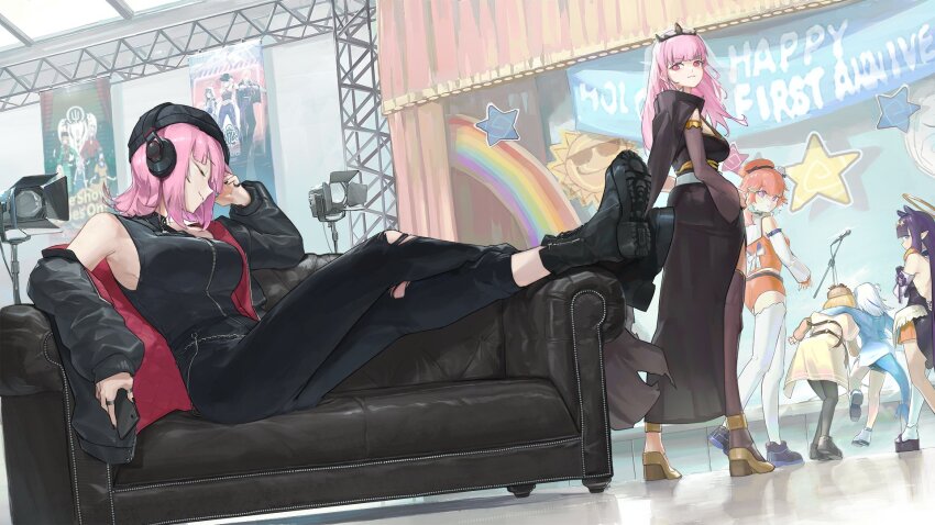 5girls, 6+girls, animal_hood, black_nightgown, black_tiara, dahaidan, feathers, fins