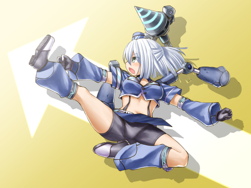 1girl, android, arrow_(symbol), arrow_background, bike_shorts, blue_hat, blue_jacket, blue_skirt, breasts, cropped_jacket, drill, emil_chronicle_online, flying_kick, foxtrot_b3_alma, from_side, hat, jacket, kasuga_yukihito, kicking, large_breasts, mechanical_arms, mechanical_legs, navel, open_mouth, outstretched_arms, ponytail, profile, skirt, solo, spread_arms, white_hair, yellow_background