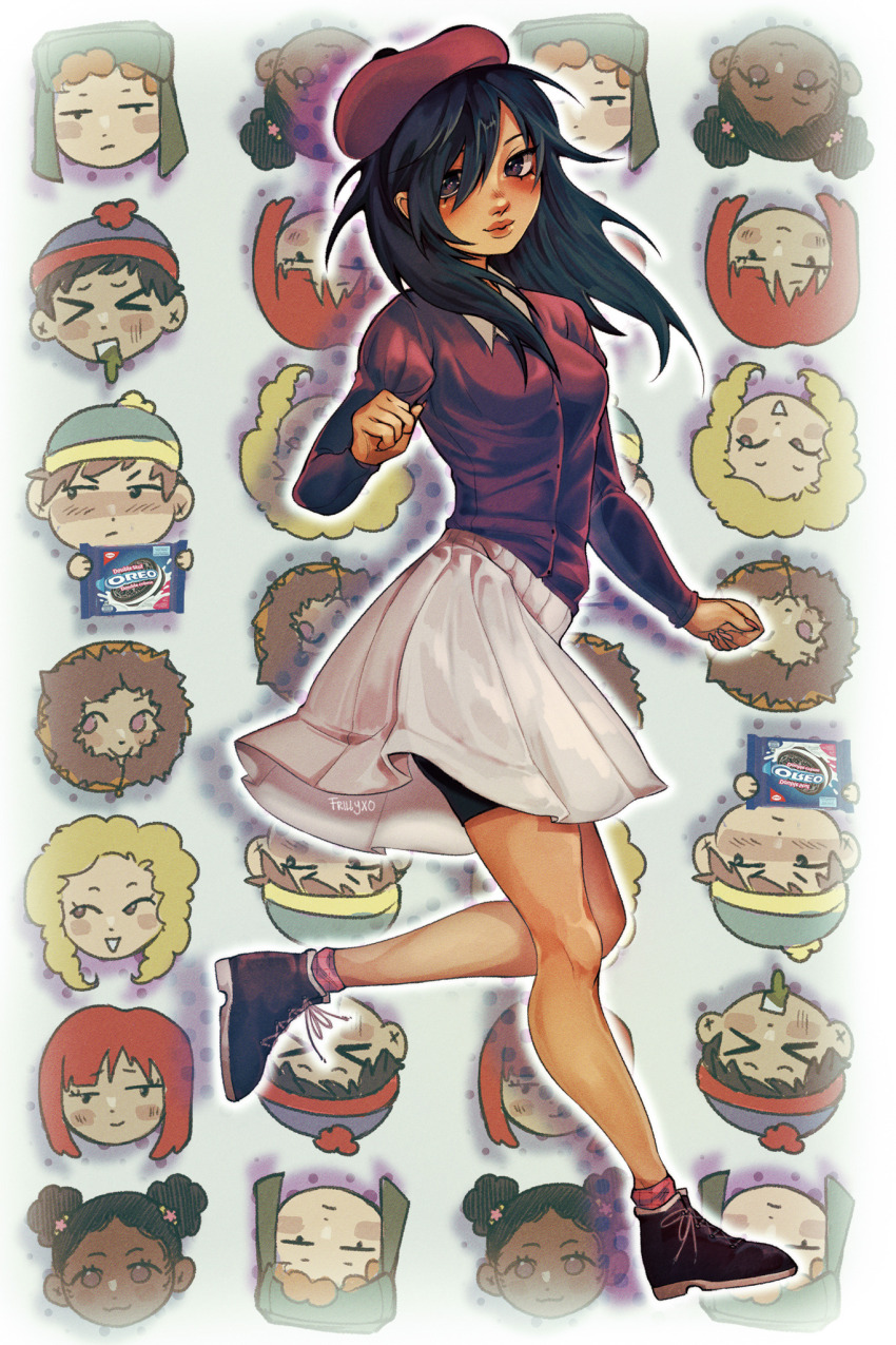 animification, bebe_stevens, beret, bike_shorts, bike_shorts_under_skirt, black_hair, eric_cartman, frillyxo, hat, highres, kenny_mccormick, kyle_broflovski, looking_at_viewer, nichole_daniels, oreo, purple_shirt, red_mcarthur, shirt, skirt, solo_focus, south_park, stan_marsh, vomit, wendy_testaburger, white_skirt