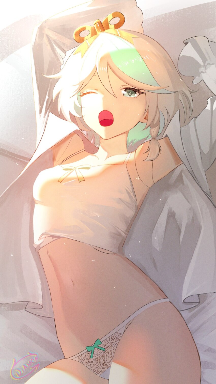 1girl, braid, breasts, camisole, cecilia_immergreen, colored_inner_hair, crop_top, diamon_(diamonmurly)