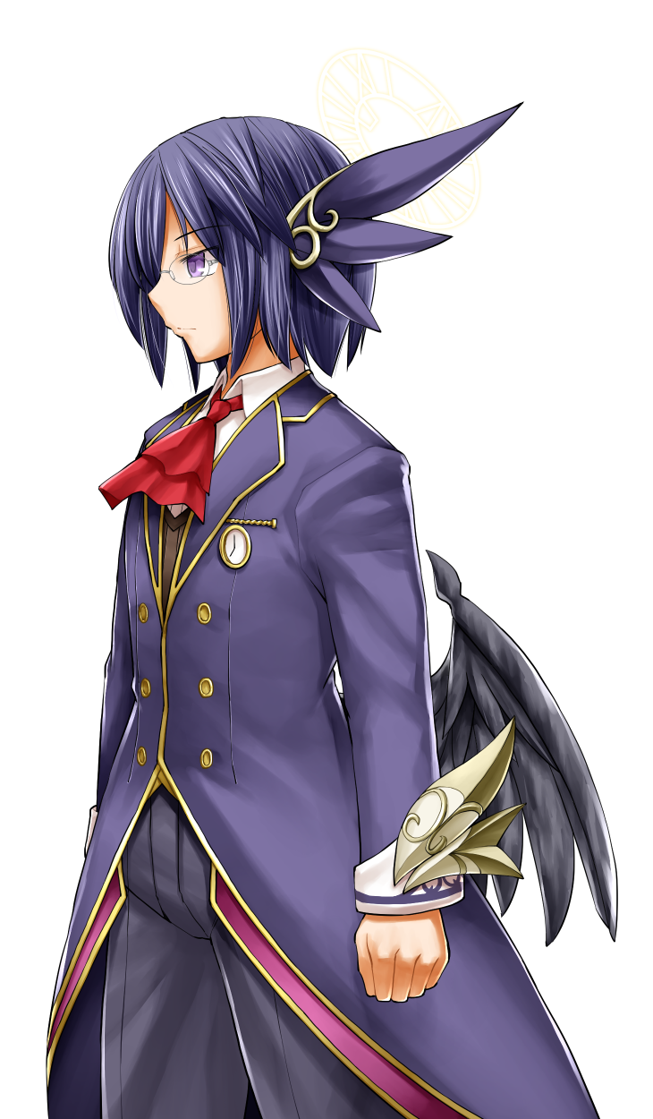 1boy, black_pants, black_wings, blue_hair, blue_jacket, emil_chronicle_online, from_side, hair_ornament