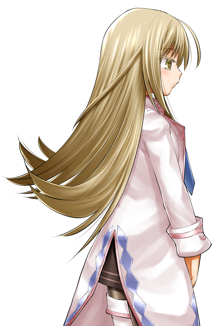 1girl, ahoge, black_skirt, blonde_hair, blue_necktie, boots, brown_pantyhose, dr._iris, emil_chronicle_online, from_side, jacket, kasuga_yukihito, long_hair, necktie, pantyhose, skirt, solo, white_background, white_boots, white_jacket, yellow_eyes