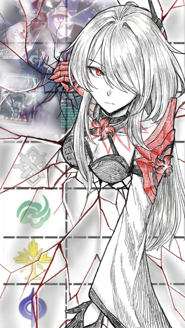 1girl, acheron_(honkai:_star_rail), breasts, cleavage, crack, eidolon_(honkai:_star_rail), flower, game_screenshot_inset, gloves, hair_ornament, hair_over_one_eye, honkai:_star_rail, honkai_(series), imaginary_symbol_(honkai:_star_rail), light_cone_(honkai:_star_rail), long_hair, looking_at_viewer, physical_symbol_(honkai:_star_rail), quantum_symbol_(honkai:_star_rail), red_eyes, red_flower, very_long_hair, wasdmyway, white_hair, wind_symbol_(honkai:_star_rail)