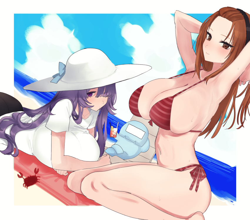 2girls, arms_behind_head, arms_up, beach, beach_towel, bikini, black_hairband, black_panties