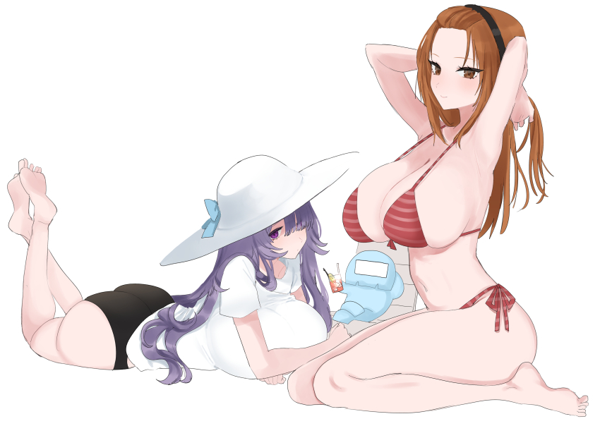 2girls, absurdres, arms_behind_head, arms_up, barefoot, bikini, black_hairband, black_panties