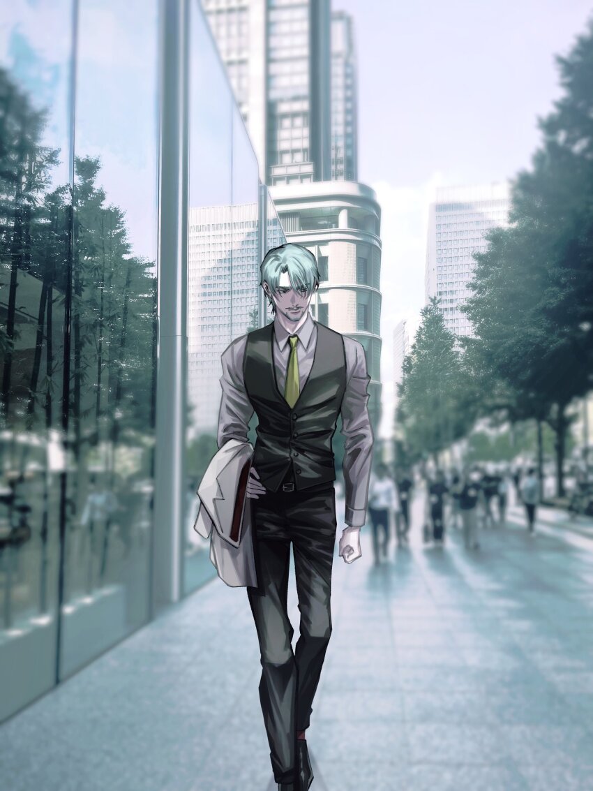 1boy, blurry, blurry_background, building, challia_bull, city, collared_shirt, facial_hair, formal_clothes, green_eyes, green_hair, gundam, gundam_gquuuuuux, hair_over_one_eye, halcyon_(gugfuggugfug), highres, jacket, long_sleeves, male_focus, mustache, necktie, pants, photo_background, road, shirt, shoes, short_hair, solo, street, suit, tree, unworn_jacket, vest