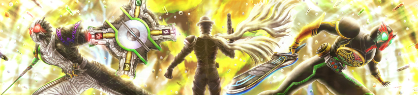 3boys, absurdres, baunzel, glowing, glowing_eyes, hat, highres, kamen_rider, kamen_rider_double, kamen_rider_double_(cyclonejokerxtreme), kamen_rider_ooo, kamen_rider_ooo_(series), kamen_rider_skull, kamen_rider_w, long_image, male_focus, multiple_boys, scarf, shield, sword, weapon, wide_image