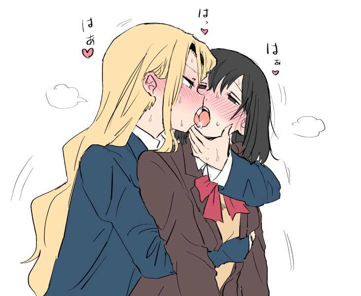 arm_around_neck, black_eyes, black_hair, blonde_hair, blue_jacket, blush, bow, bowtie, brown_jacket, fingers_on_another's_face, french_kiss, full-face_blush, hand_on_another's_cheek, hand_on_another's_face, heart, heavy_breathing, helmet, jacket, kirarazaka_marina, kiss, kuze_shizuka, motion_lines, pottode, red_bow, red_bowtie, saliva, school_uniform, shirt, sweat, takopii_no_genzai, tongue, tongue_out, translation_request, white_shirt, yellow_eyes, yuri