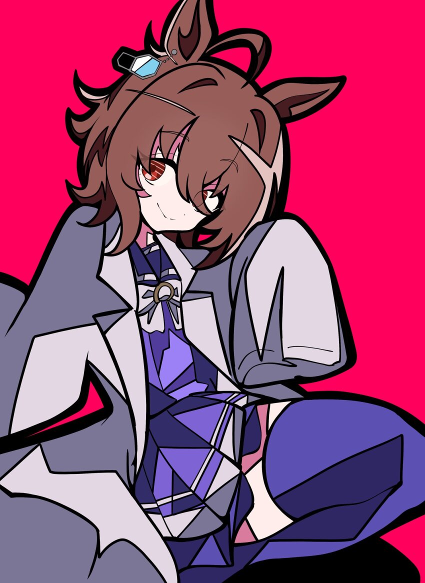 1girl, agnes_tachyon_(umamusume), ahoge, animal_ears, bow, bowtie, brown_hair, earrings