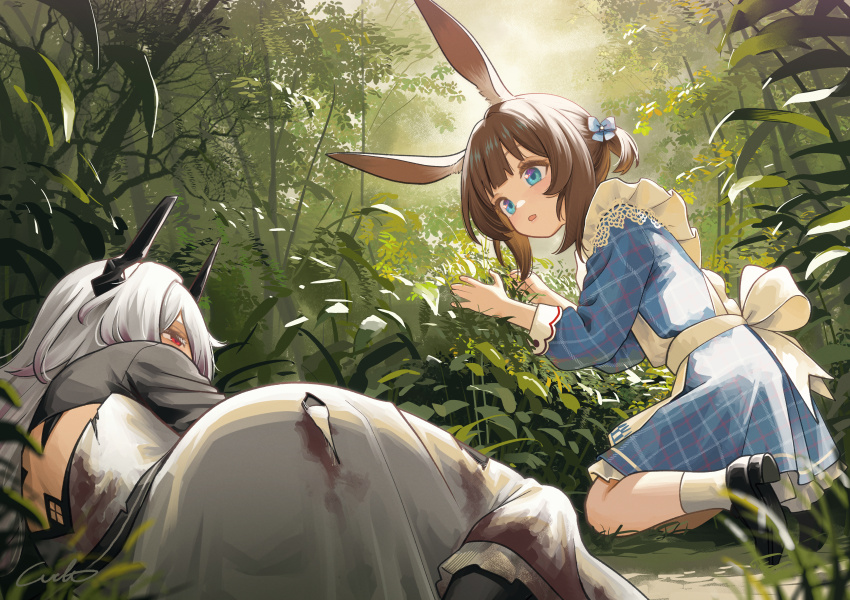 2girls, absurdres, aged_down, amiya_(arknights), animal_ears, arknights, black_horns, black_shoes