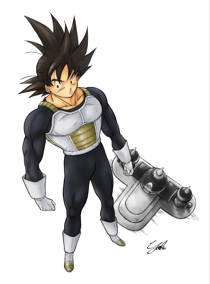 1boy, black_bodysuit, black_hair, bodysuit, boots, dragon_ball, dragonball_z, full_body, gakumanabu, gloves, highres, hyperbolic_time_chamber, male_focus, medium_hair, midair, saiyan_armor, signature, solo, son_goku, spiked_hair, white_boots, white_gloves