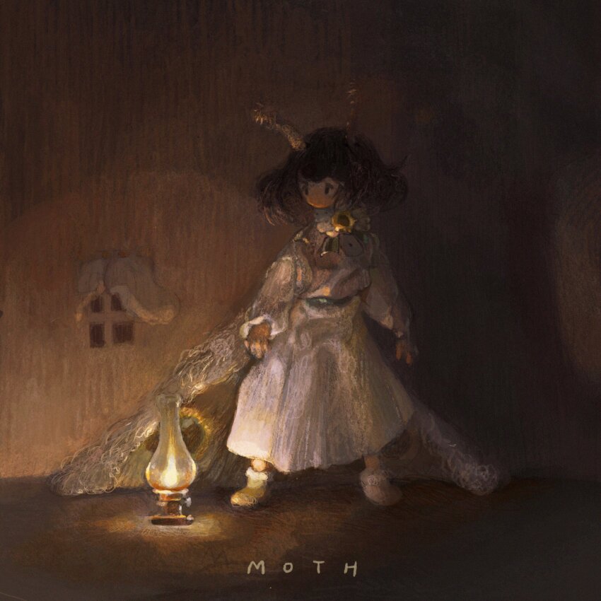 1girl, antennae, arthropod_girl, dark, dress, highres, insect_girl, insect_wings, long_sleeves, looking_at_object, medium_hair, moth_girl, moth_wings, oil_lamp, on_su, original, shadow, solo, white_dress, wings
