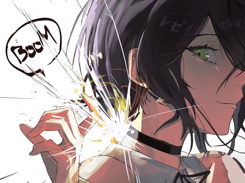 1girl, absurdres, black_choker, black_hair, chainsaw_man, choker, closed_mouth, commentary_request, green_eyes, highres, kahuna90231217, reze_(chainsaw_man), shirt, short_hair, simple_background, solo, sparks, white_background, white_shirt