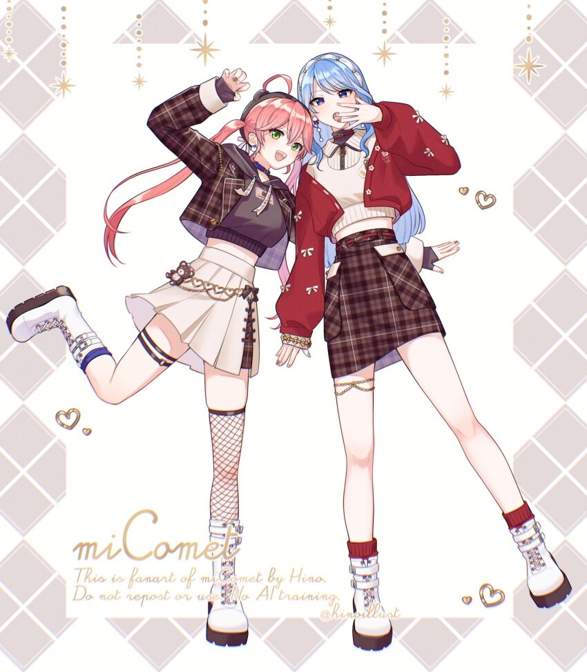 2girls, ahoge, blue_eyes, blue_hair, green_eyes, highres, hino_hikaran_(artist), hololive, hoshimachi_suisei, hoshimachi_suisei_(micomet), long_hair, multiple_girls, official_alternate_costume, pink_hair, sakura_miko, sakura_miko_(micomet), virtual_youtuber