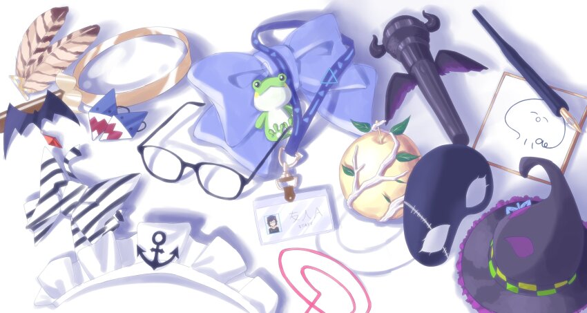 a-chan_(hololive), absurdres, anchor, anchor_ornament, apple, bat_hair_ornament, black_bow, blue_bow