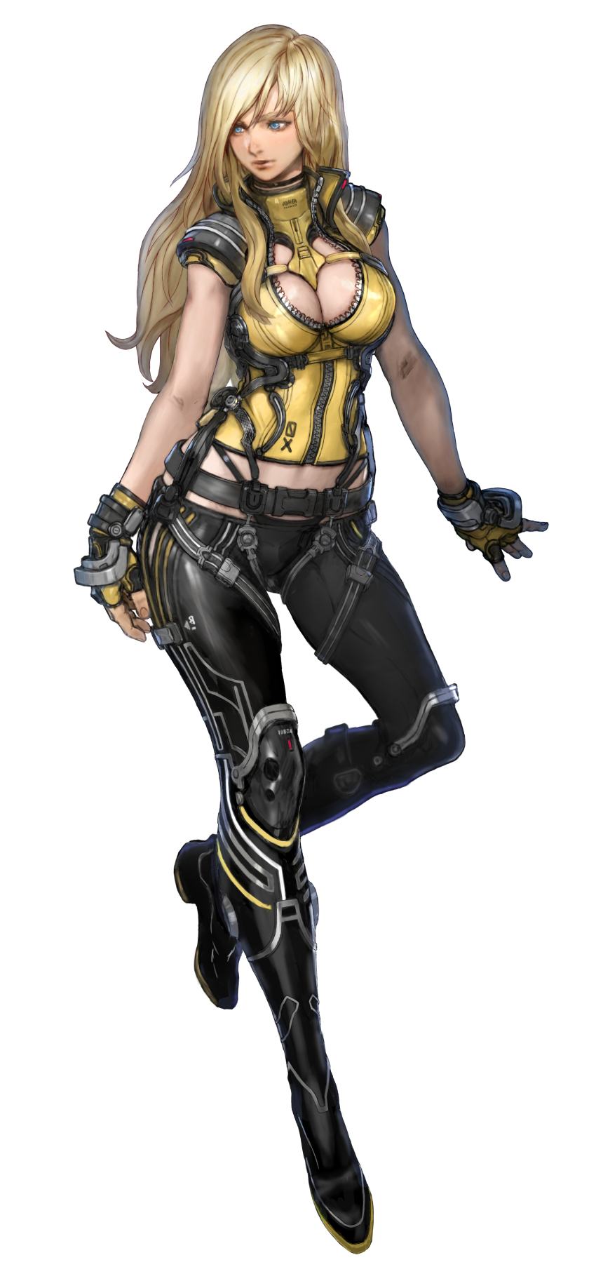 1girl, absurdres, black_boots, black_pants, blonde_hair, blue_eyes, boots, breasts