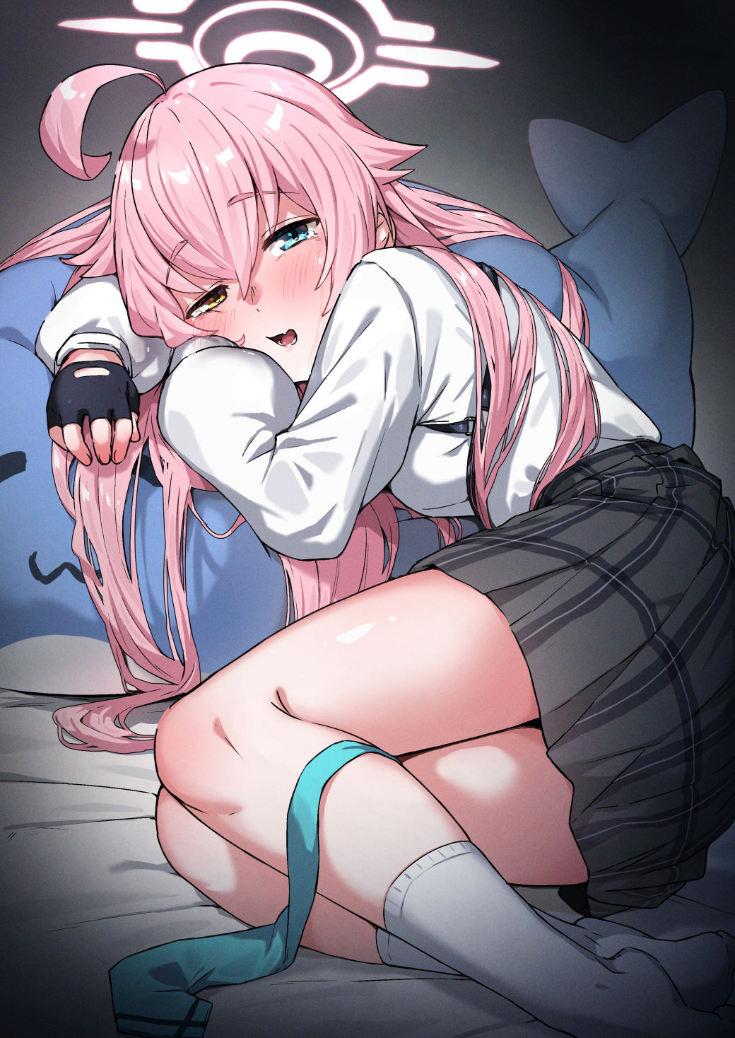 1girl, ahoge, black_gloves, black_shirt, blue_archive, blue_eyes, blue_necktie, blush