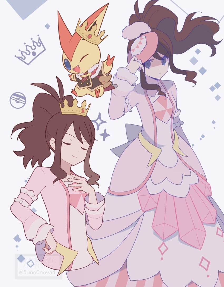 1girl, absurdres, black_jacket, blue_eyes, brown_hair, cape, closed_eyes, closed_mouth, clothed_pokemon, crown, dress, eyelashes, fur-trimmed_cape, fur_trim, gen_5_pokemon, hat, high_ponytail, highres, hilda_(pokemon), hilda_(special_costume)_(pokemon), jacket, legendary_pokemon, long_hair, long_sleeves, looking_at_viewer, mini_hat, mythical_pokemon, nintendo, official_alternate_costume, one_eye_closed, pink_dress, pink_hat, pokemon, pokemon_(creature), pokemon_cafe_remix, pokemon_masters_ex, pokestar_studios, ponytail, red_cape, rone_(5uno0nova4), sidelocks, smile, victini, victini_(king_cook)