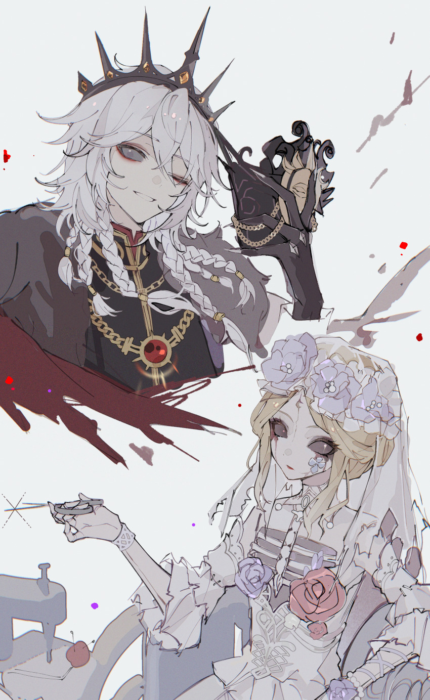 1boy, 1girl, absurdres, androgynous, bead_bracelet, beads, black_crown, black_gloves