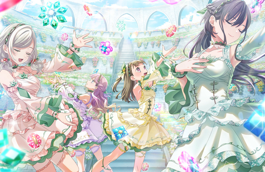 4girls, :d, anyoji_hime, armpits, bare_shoulders, blue_eyes, blue_sky, braid, breasts, ceras_yanagida_lilienfeld, closed_eyes, closed_mouth, cloud, day, detached_sleeves, dress, frilled_sleeves, frills, game_cg, gem, green_dress, green_gem, grey_hair, half_up_braid, highres, hitoyo_ni_yume_ga_saku_you_ni, kachimachi_kosuzu, katsuragi_izumi, link!_like!_love_live!, long_sleeves, love_live!, medium_breasts, multiple_girls, non-web_source, official_alternate_costume, official_art, open_mouth, outdoors, outstretched_arm, pink_dress, pink_eyes, pink_gem, profile, purple_dress, red_gem, self-datamine, short_dress, sky, sleeveless, sleeveless_dress, smile, split_mouth, stairs, teeth, upper_teeth_only, virtual_youtuber, yellow_dress