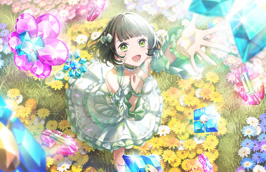 1girl, :d, arm_up, bare_shoulders, black_hair, blue_gem, blunt_bangs, breasts