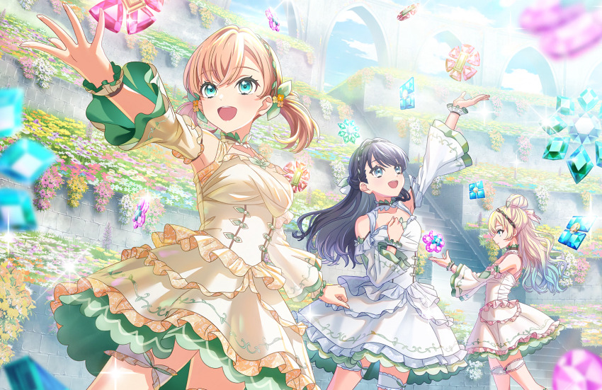 3girls, :d, aqua_eyes, bare_shoulders, black_hair, blue_eyes, blue_gem, breasts