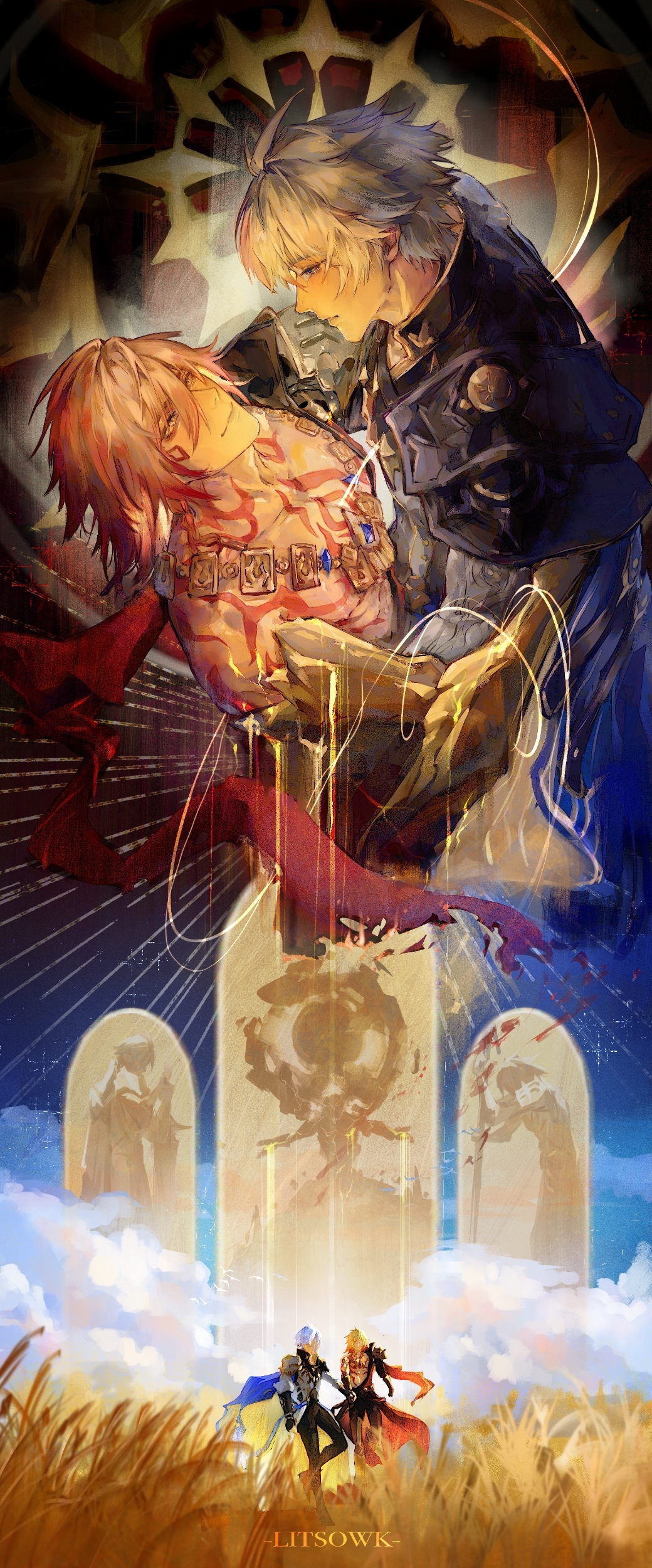 2boys, abs, absurdres, antenna_hair, armlet, armor, black_choker, black_coat