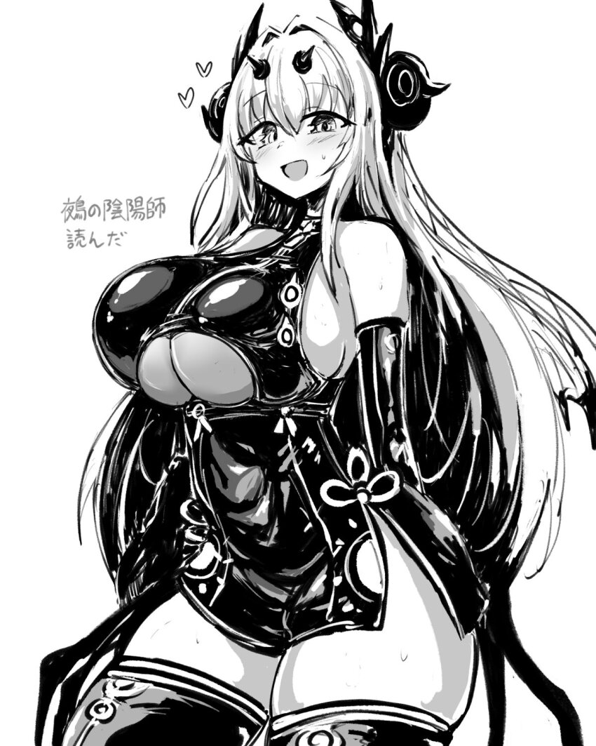 aramine_ishu, blush, breasts, elbow_gloves, geist43195783, gloves, hair_ornament, heart, highres, horns, huge_breasts, long_hair, monochrome, nue_no_onmyouji, open_mouth, sketch, thick_thighs, thighhighs, thighs, underboob