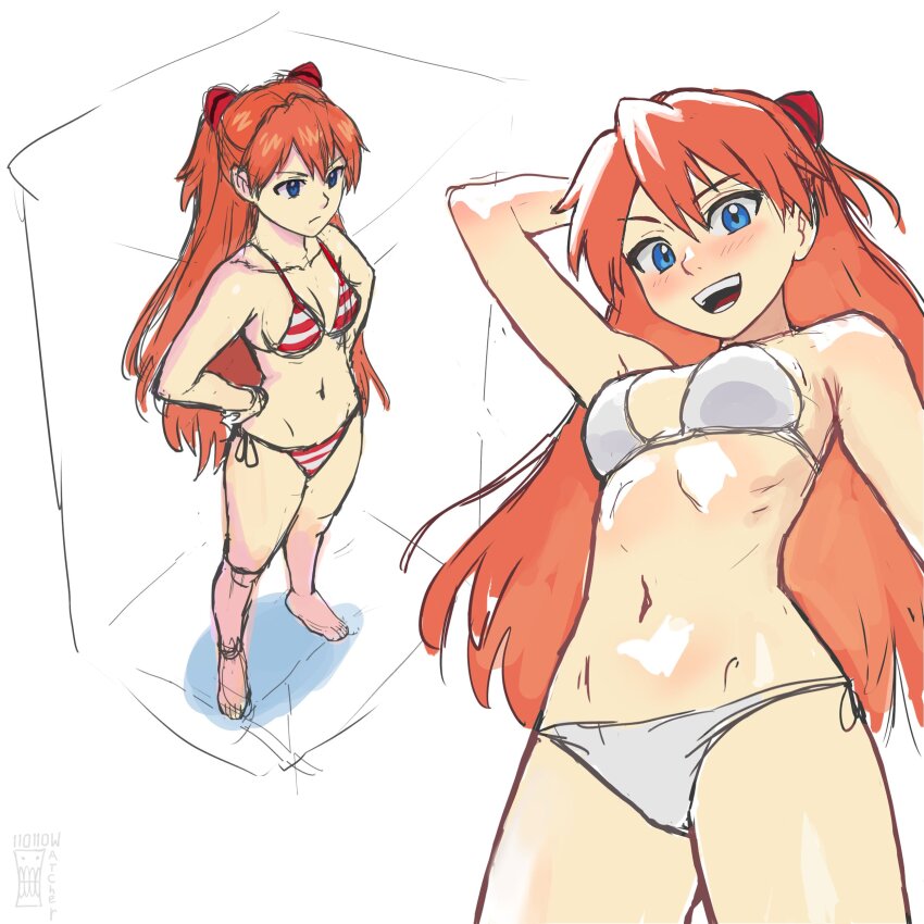 1girl, :d, absurdres, arm_behind_head, arm_up, artist_logo, artist_name, bare_arms