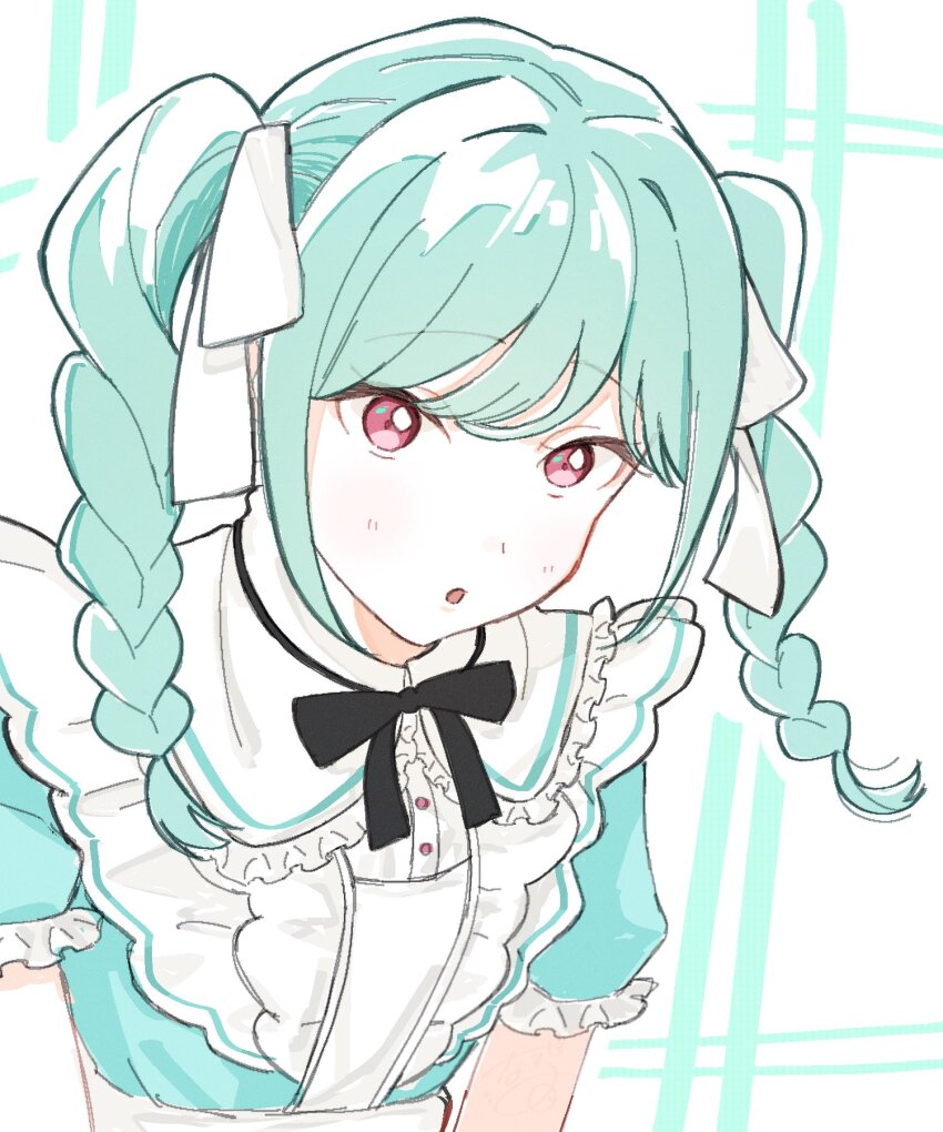 1girl, :o, aqua_hair, black_ribbon, braid, collared_shirt, commentary_request, frilled_shirt_collar