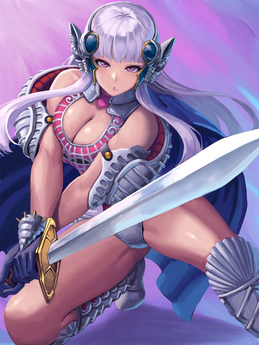 1girl, animification, armor, armored_boots, bikini_armor, blue_cape, blunt_bangs, boots