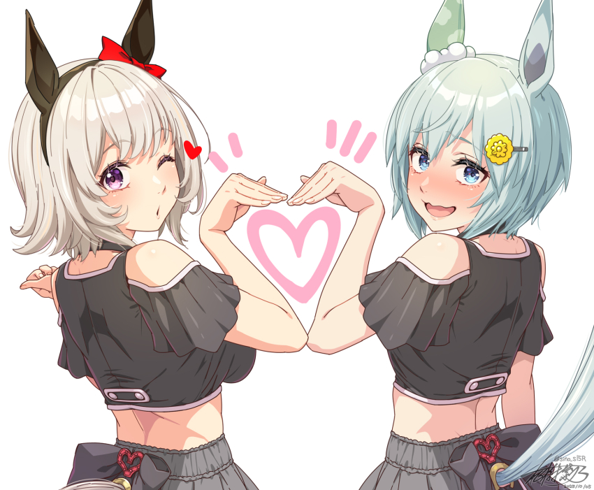 2girls, animal_ears, black_shirt, blue_eyes, blue_hair, bow, curren_chan_(umamusume), ear_bow