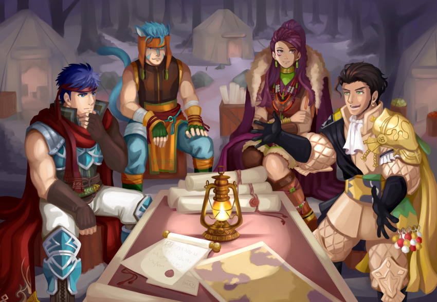 1girl, 3boys, absurdres, animal_ears, ascot, beard, black_gloves, blue_eyes